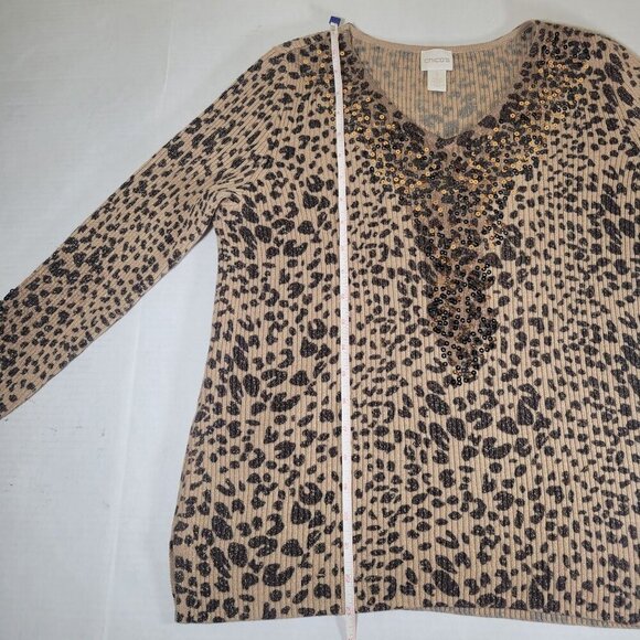 Chicos Leopard V-Neck Sequin Embellished Long Sleeve Sweater Womens Size 1 M/8 - Picture 9 of 11